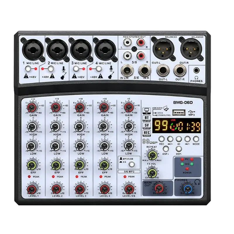 

LXYB18B Compact 6-Channel Sound Mixer Featuring 99-DSP, USB Connectivity, And 48V Phantom Power; EU Plug For Professional Audio