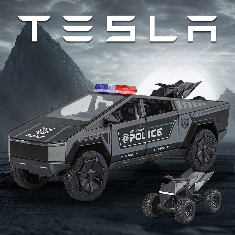 

Alloy 1:24 Tesla Pickup Police Car Model Sound and Light Door Opening Pendant Children's Special Police Toy Gift