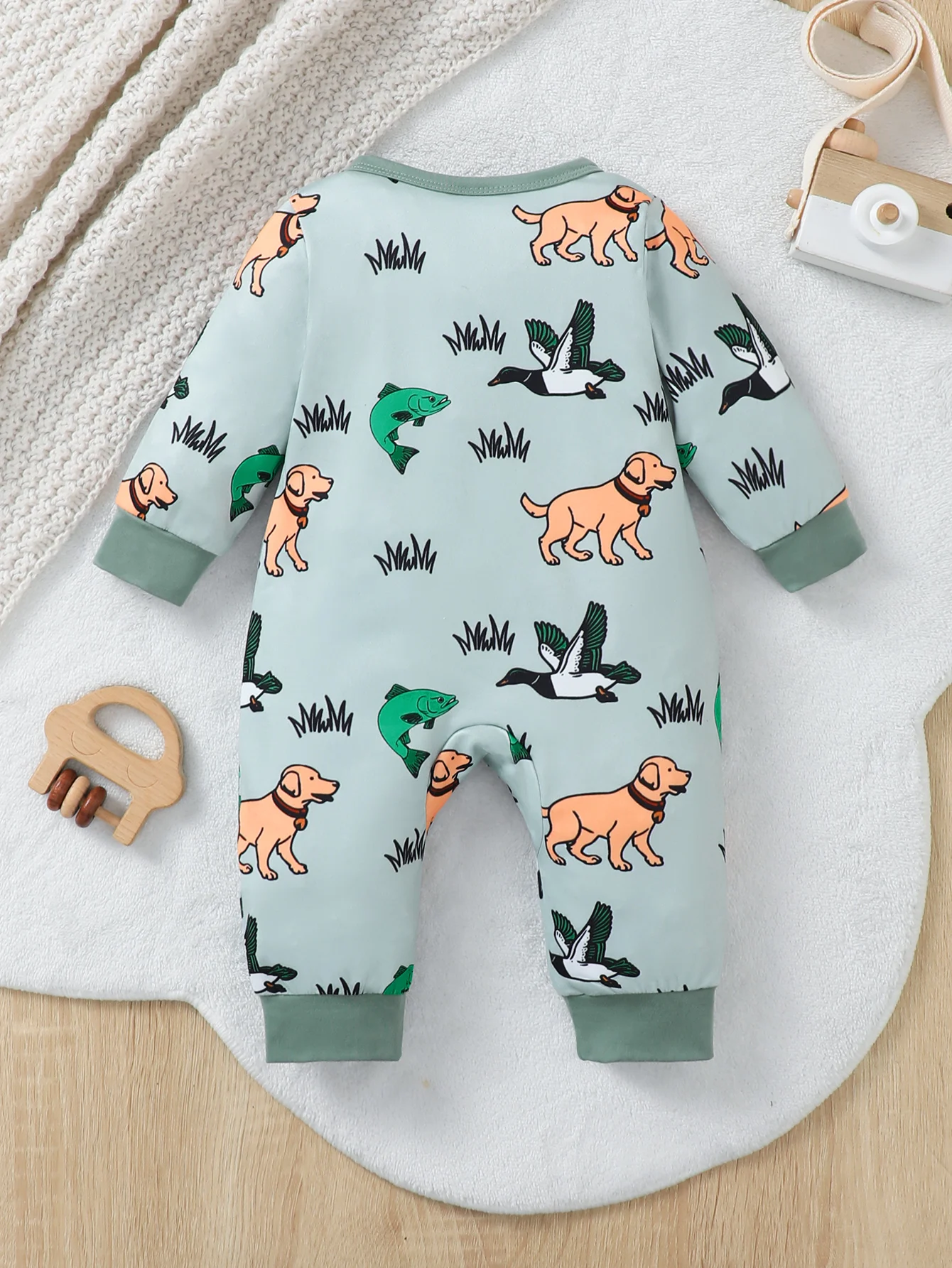 Boys round Neck Long Sleeve Zipper Romper Cartoon Animal Pattern Spring Autumn Casual Outfit Baby Bodysuit
