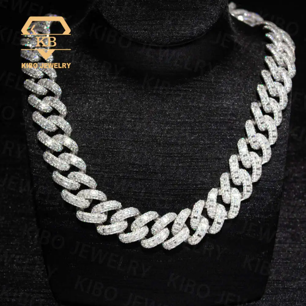 

Hip Hop Necklace Rock Jewelry 925 Sterling Silver 20mm Emerald Baguette Cut Diamond Hiphop Iced Out Moissanite Cuban Link Chain