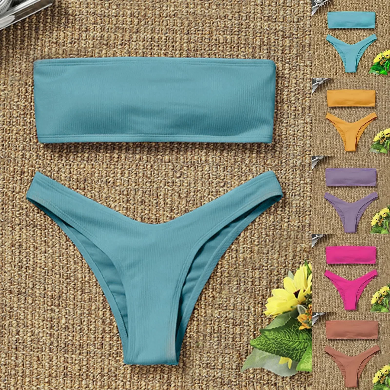 

Сексуальное текстурированное бикини 2025, купальник-бандо, женский купальник, комплект бикини с пуш-ап, однотонный купальный костюм, пляжная одежда, женский бикини