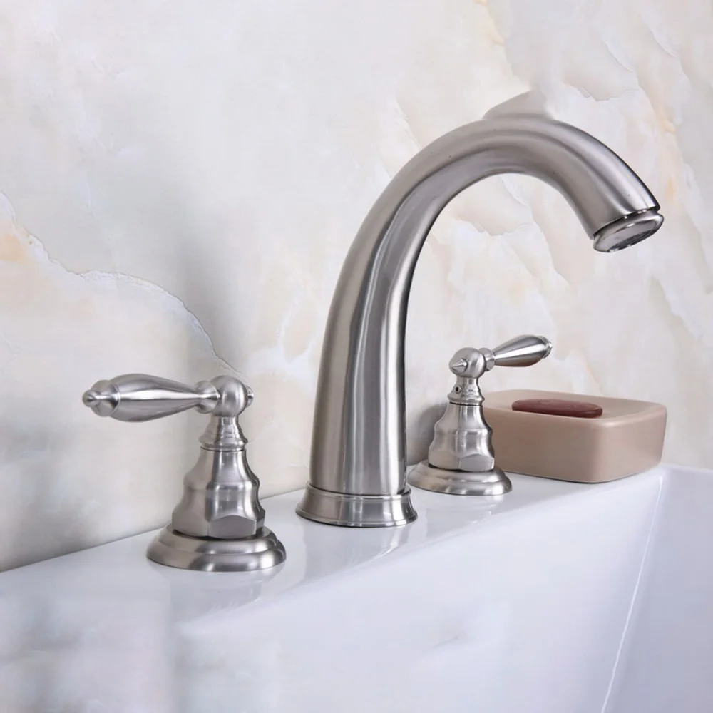 แปรงนิกเกิลทองเหลืองแพร่หลายดาดฟ้าติดตั้งอ่าง 3 หลุม Dual Lever จับห้องครัวห้องน้ําอ่างอ่างล้างจานอ่างล้างหน้าก๊อกน้ําแตะ mbn015