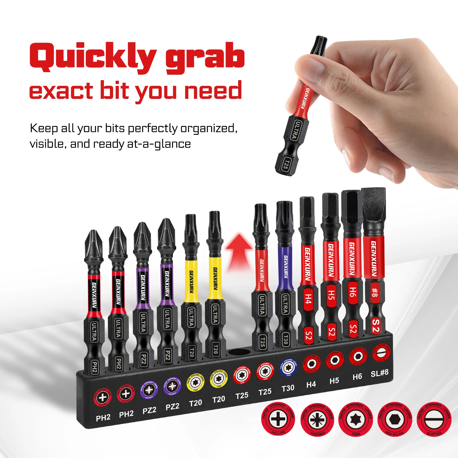 مجموعة لقم مفك براغي Geinxurn Impact Phillipes/Square/Slotted/Hex، مجموعة لقم فولاذية S2 مغناطيسية مقاس 1 بوصة/2 بوصة مع قاعدة مشفرة بالألوان #6