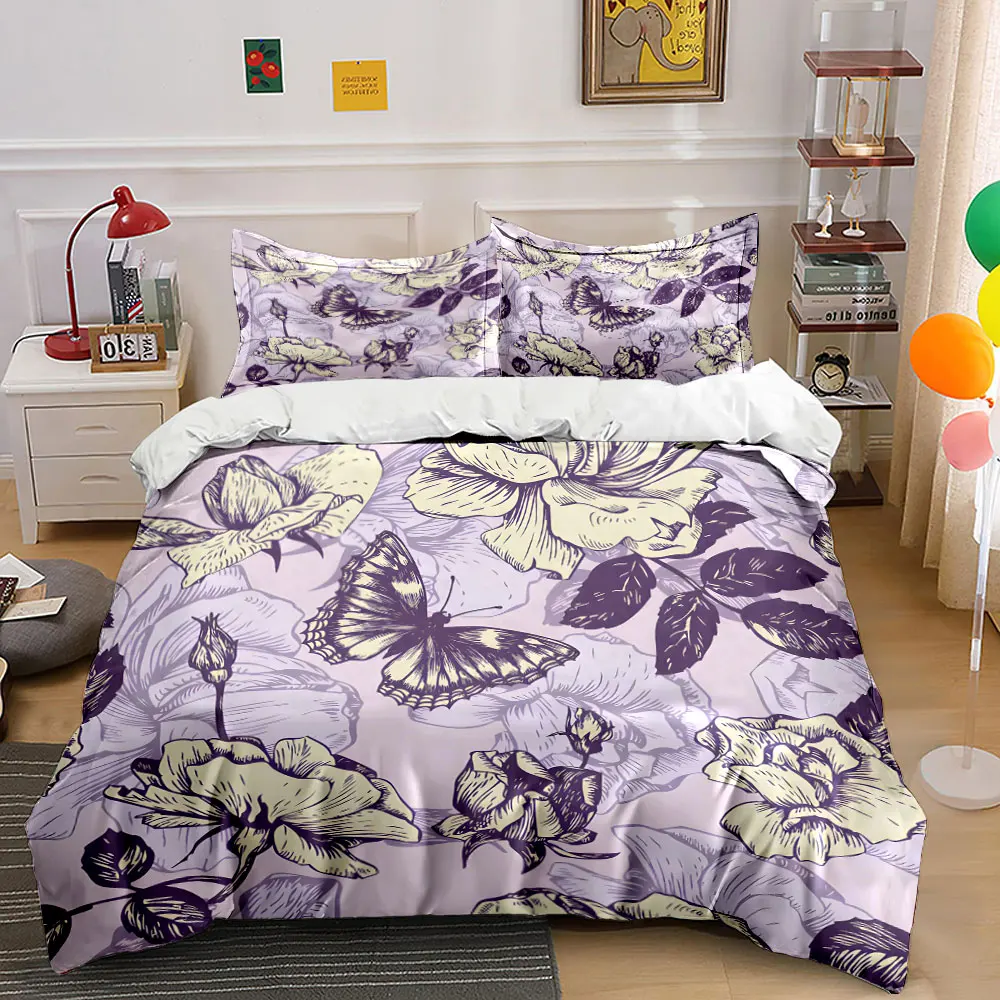 Elegant illustration of butterfly and roses Bedding Set for Kids Luxury Gift 3pcs Digital Print Comforter Set Soft Comfortable