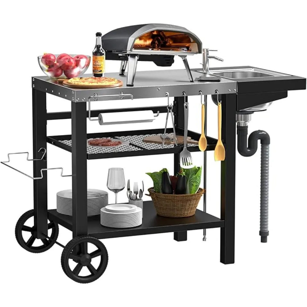 جودة عالية - طاولة شواء خارجية مع حوض، عربة فرن بيتزا مع درج وعجلات، طاولة إعداد الطعام المتحركة 3 أرفف - شحن مجاني #1