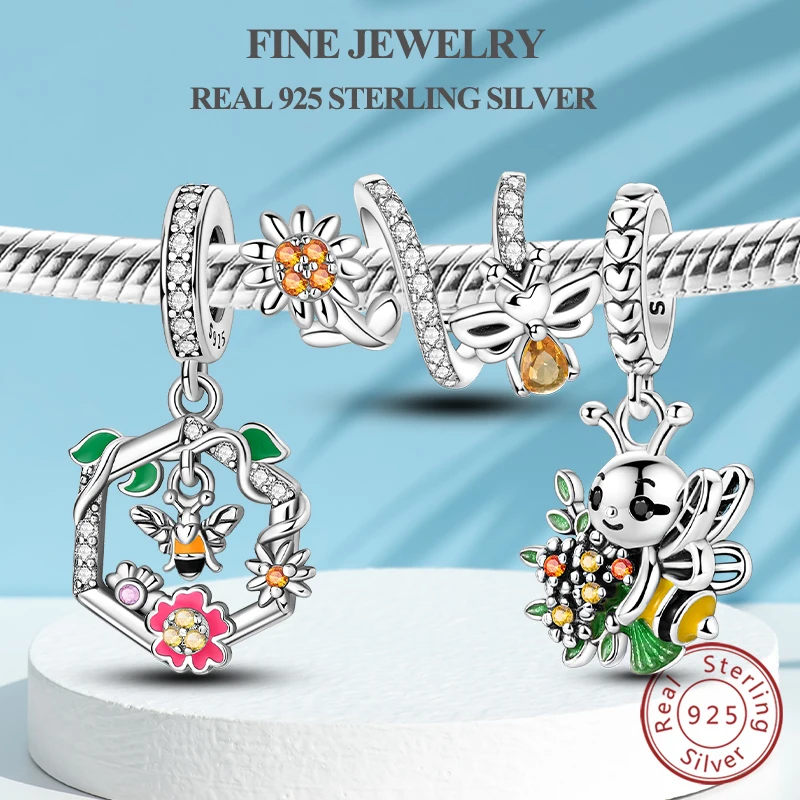 

Подвески-бусины из 100% стерлингового серебра 925 пробы, пчелиный цветок, подсолнух, подвеска, подходит для оригинального браслета, кулон для женщин и мужчин, ювелирные изделия своими руками, подарок