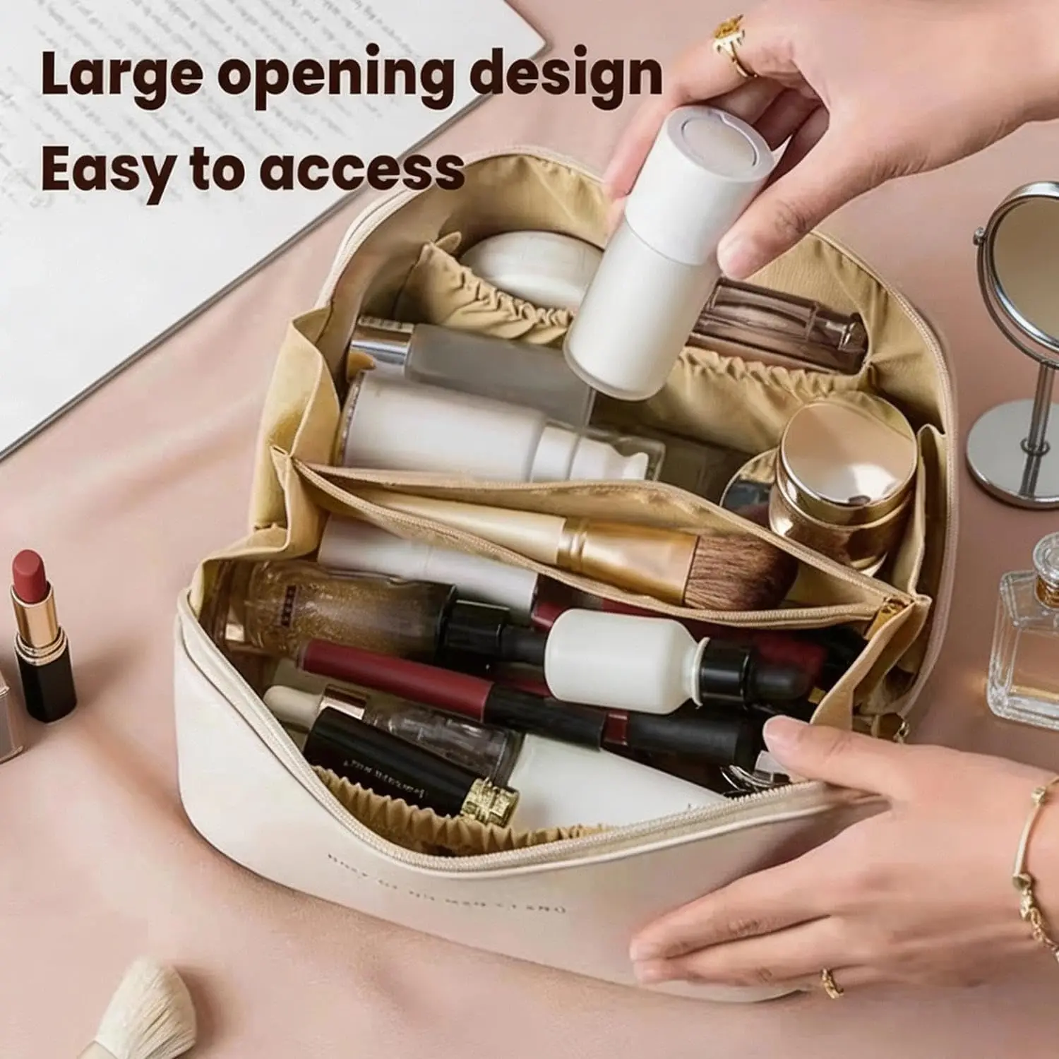 1PC Large Capacity Waterproof Makeup Zipper Pouch Portable Toiletry Wash Bag with Divider Handle and Organizer Function