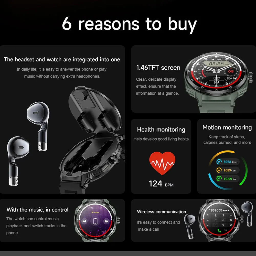 EFFEOKKI Reloj inteligente redondo con auriculares integrados Rastreador de ejercicios Llamada inalámbrica NFC Compatible con Android iPhone