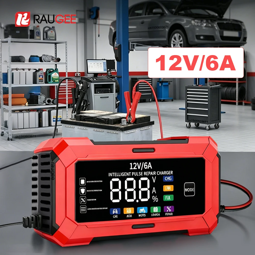 

12V 6A Car Battery Charger Intelligent Car Motorcycle Battery Charging Large Display Automatic Pulse Repair Charger for Car Moto