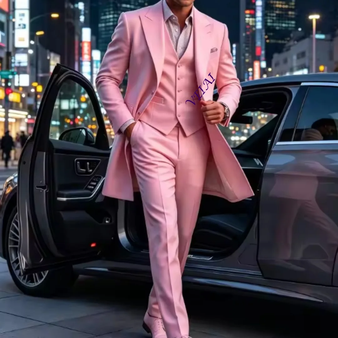 CustomizedThree Pieces Long Suit for Men Wedding Groom Tuxedo Long Blazer Coat with Vest Bespoke Tailored Formal Suit Set