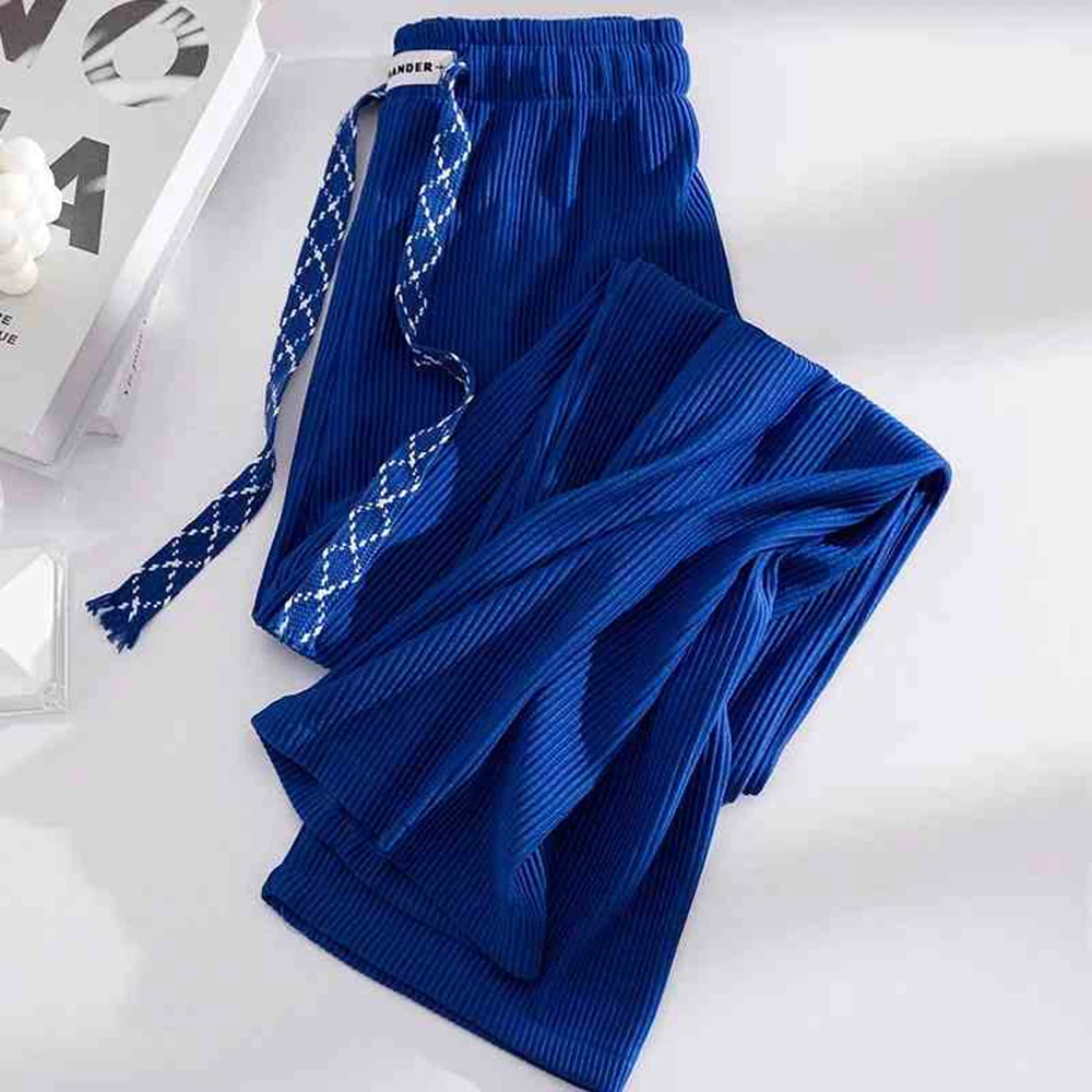 

Solid Color Striped Texture Lightweight Loose Wide Leg Pants Unisex Summer Casual Drawstring Elastic Waist Oversize Pants