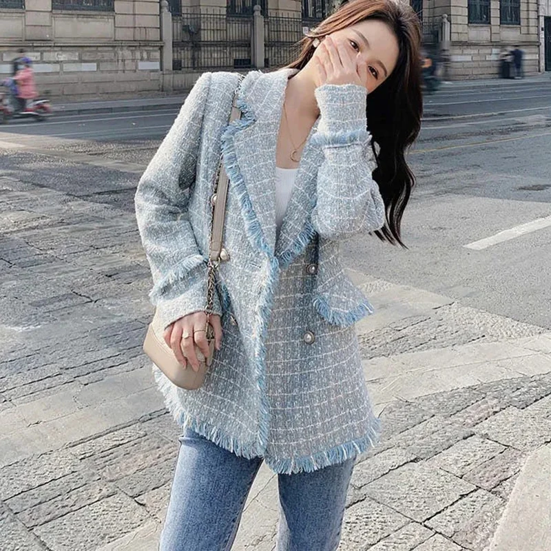 سترة نسائية أنيقة منقوشة عطر فرنسي صغير بحواف خام بدلة شرابة سترة بأزرار معطف نسائي جمالي فضفاض غير رسمي #3