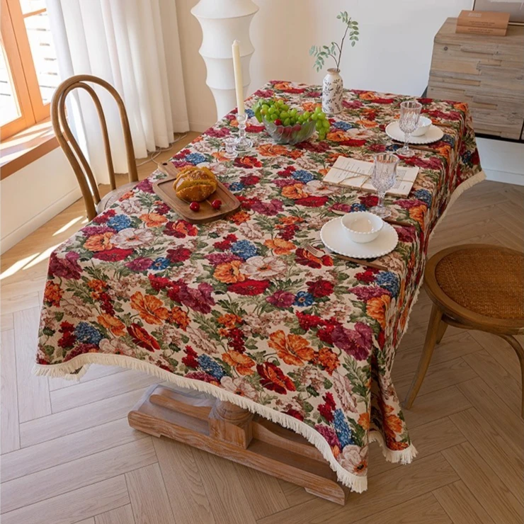 American Retro Country Tablecloth with Beige Tassel Rectangle Coffee Table Dining Table Cover Decorative Cloth for Festivals