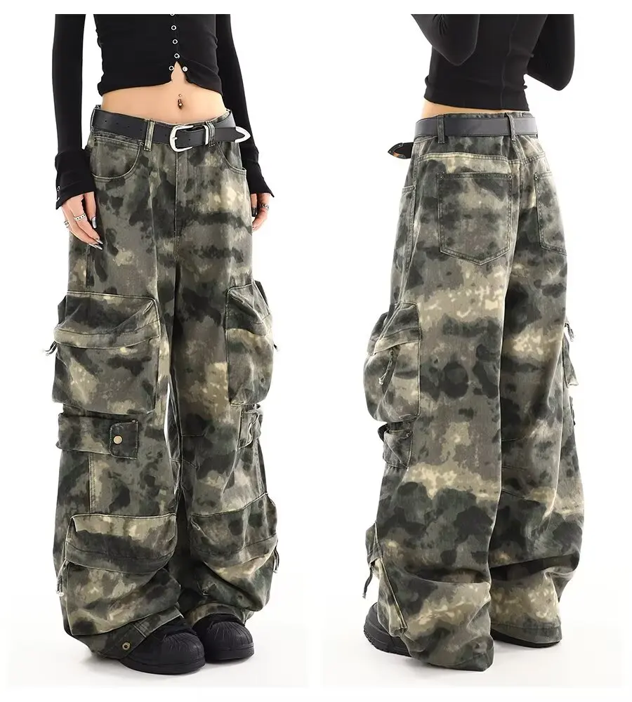 American Vintage Multi-pocket paratrooper Camouflage Pants Women Y2K Streetwear Wide Leg Pants Popular Casual Straight Trousers