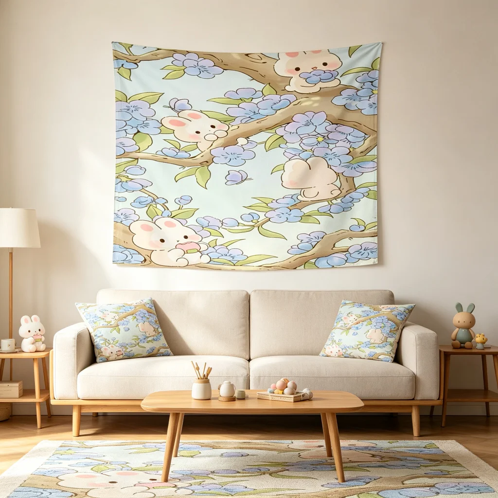 1PC Cartoon Rabbit Cherry Art Print Backdrop Banner, Bedroom Living Room Photo Background, Polyester, Home Decor, Wall Art