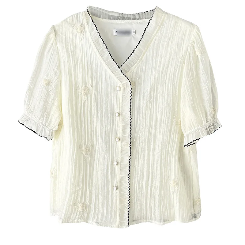 

2025 Блузки больших размеров, летние новые темпераментные кружевные тонкие рубашки с v-образным вырезом и короткими рукавами, женский топ 100 кг 67122