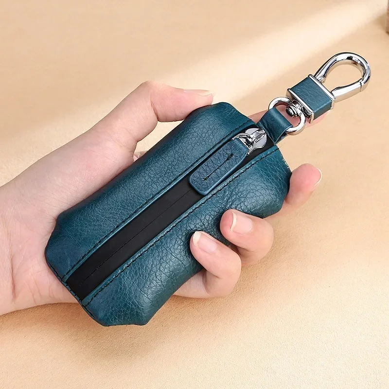 Natural Ribbed Head Layer Cowhide Car Key Case Leather Remote Control Protective Case Waterproof Zipper Fashion Key Case