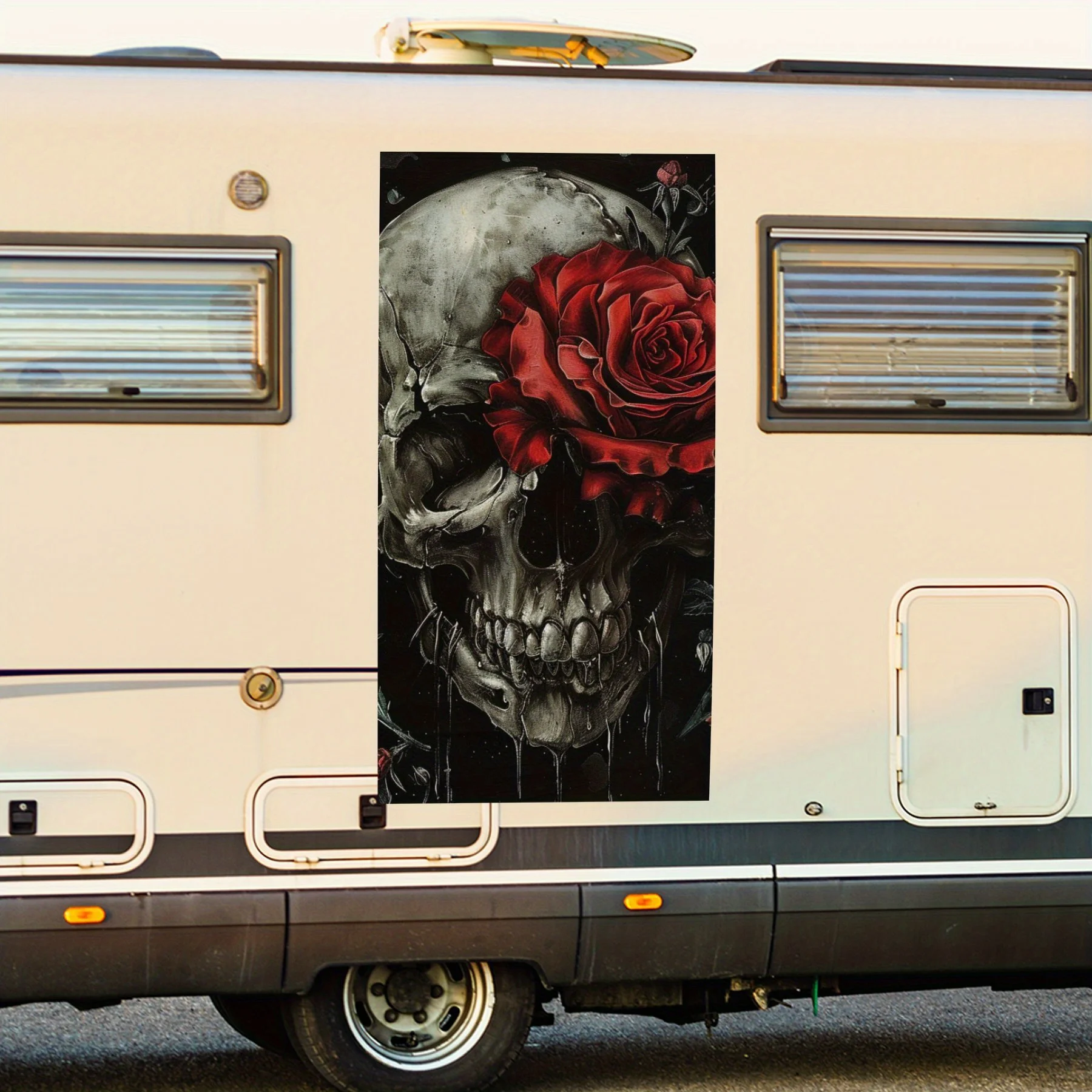 

Наклейка с черепом и розой для автофургона — острый стиль для езды на природе, виниловая наклейка на заднюю часть автомобиля, водонепроницаемые самоклеящиеся виниловые наклейки