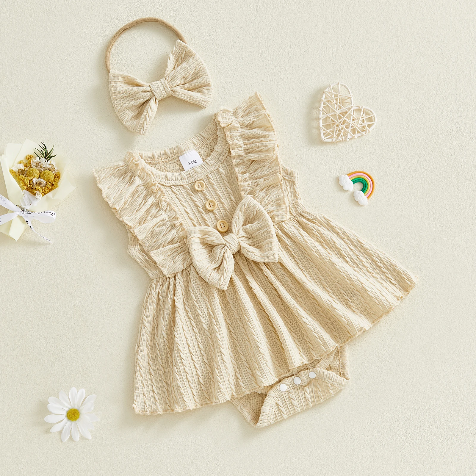 

Комбинезоны для девочек, однотонные, с рюшами, без рукавов, с круглым вырезом, с бантом на подоле, боди-комбинезоны для младенцев с повязкой на голову