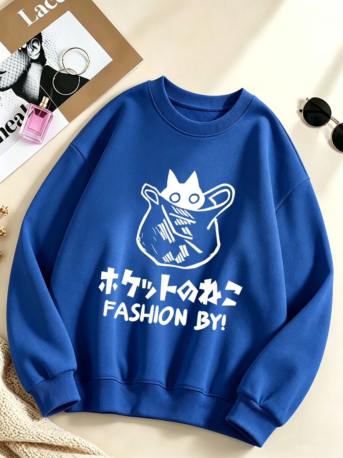 Cartoon-Mode von Pocket Cat Design Damen-Sweatshirt Fleece Rundhals Streetwear Lockerer Herbst-Pullover Sport-Jogging-Kleidung