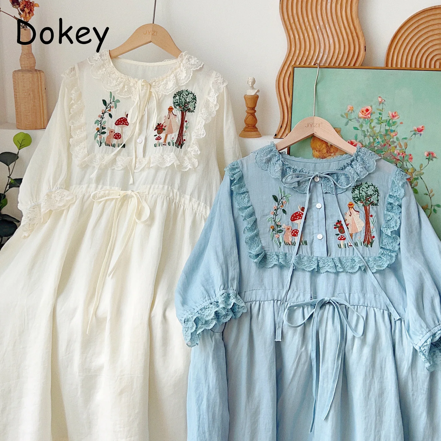 Dolce Vintage ricamo bambola collare vestito donna estate giapponese Mori ragazza Lace-up arruffato manica a sbuffo allentato abito Kawaii Lolita