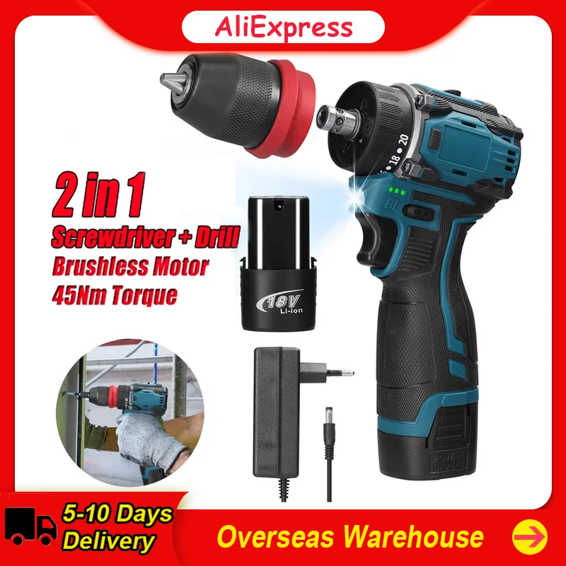 18V 2 in 1 Lithium Drill Electric Screwdriver Multi-function Power Tool 45Nm Torque Brushless Motor Practical Screw Driver