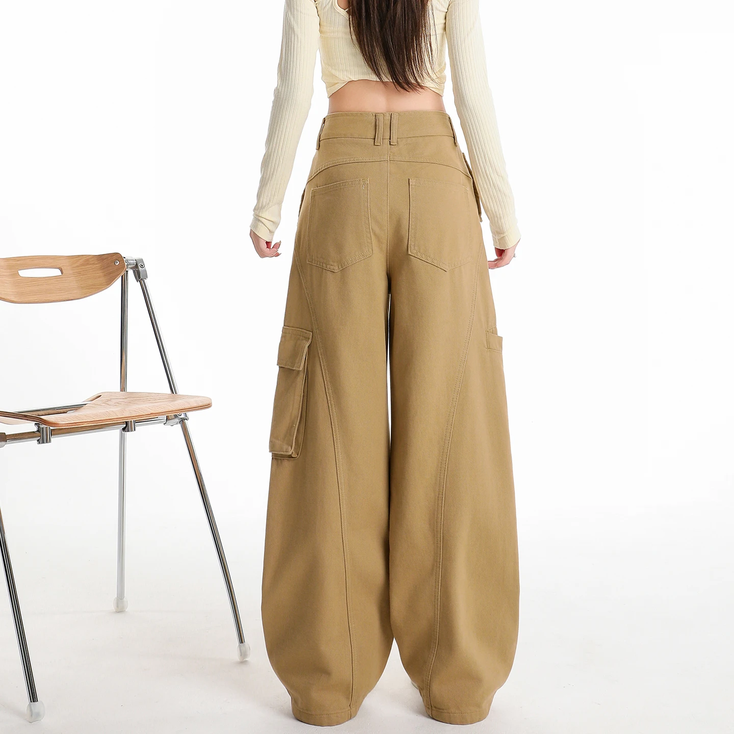 Women's Vintage Khaki Cargo Jeans, New Arrival, Asymmetrical Pockets Design, 3D Structured Silhouette Casual Wide Leg Pants