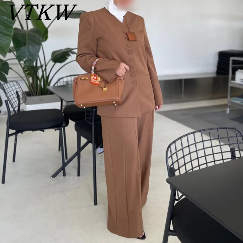 

VTKW Single-button Pure Color Design With Elegant Sense High Quality 2025 Spring New Style Women's Blazer Loose Pant Suit Set