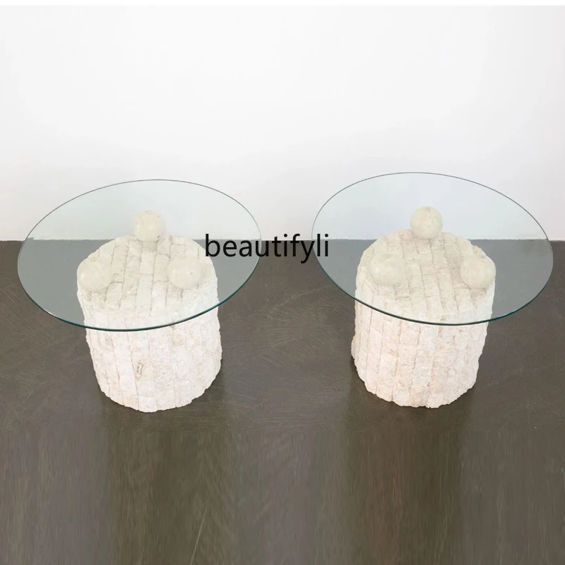 

yj5 Wabi-sabi designer, custom creative yellow travertine smashed coffee table, small apartment living room glass coffee table