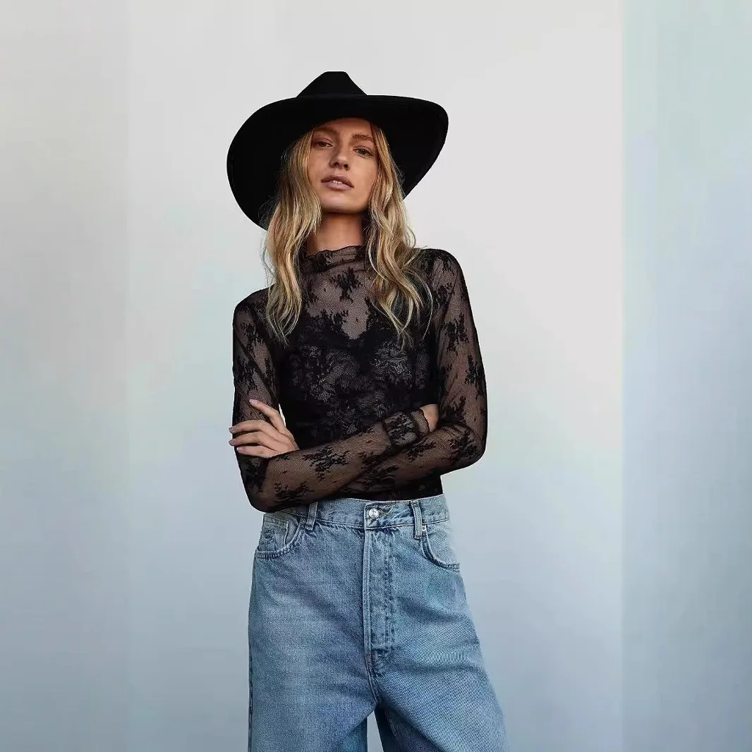 

Новый кружевной топ в Европе и США, сексуальная однотонная женская повседневная рубашка с длинными рукавами и сетчатым низом.