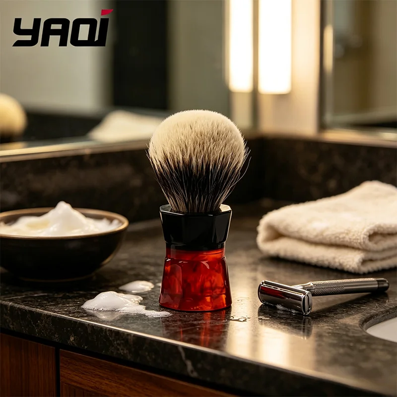 2026 Shaving Brush YAQI Premium Bristle Shave Brush Red Amber Marbled Black Hexagon Resin Handle Wet Shaving Foam Brush For Men