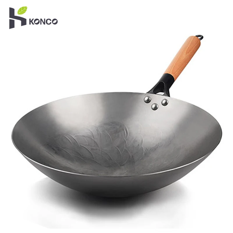 Konco Handmade Wok Smokless Cookware Uncoated Iron Pot Frying Pan Non-Stick Chinese Cast Iron Wok  kitchen Pot skillet