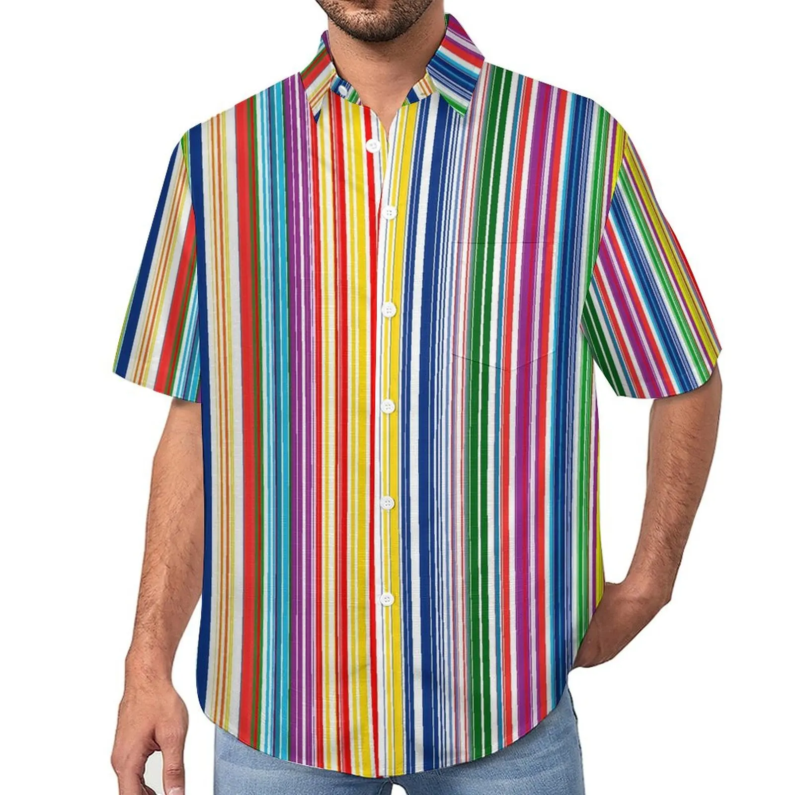 

Rainbow Stripes Casual Shirts Colorful Lines Print Vacation Shirt Hawaii Vintage Blouses Men Print Plus Size