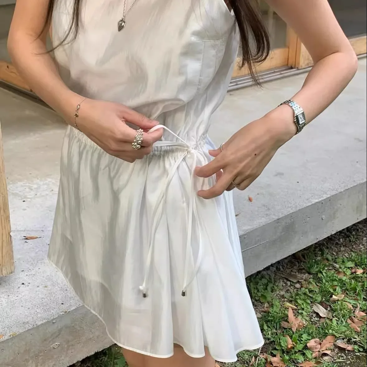 スイートウエストシンチドカジュアルタナット ドレ レディース オルトスカート ドストリングストラップガウン サマーシーズン Aラインシルエット