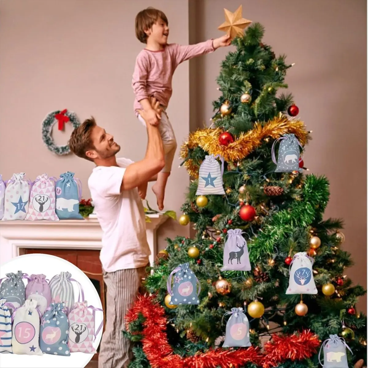 

*A14E 24PCS Christmas AdventCalendar Bags Christmas Countdown Gift Bags Reusable Fabric Gift Bags with Drawstring F