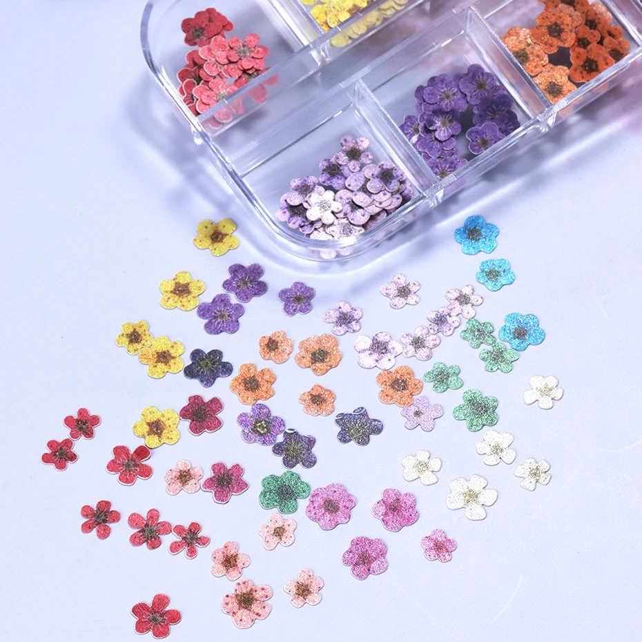 12 Grids 3D Colorful Flower Ultra-thin Resin Filling Wood Pulp Slice Small Daisy Nail Decals DIY Manicure Decoration Accessories