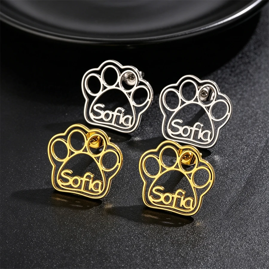 Acheerup New Personalized Name Pawprint Stud Earrings for Women Stainless Steel Custom Letters Lovely Earrings Jewelry Kids Gift