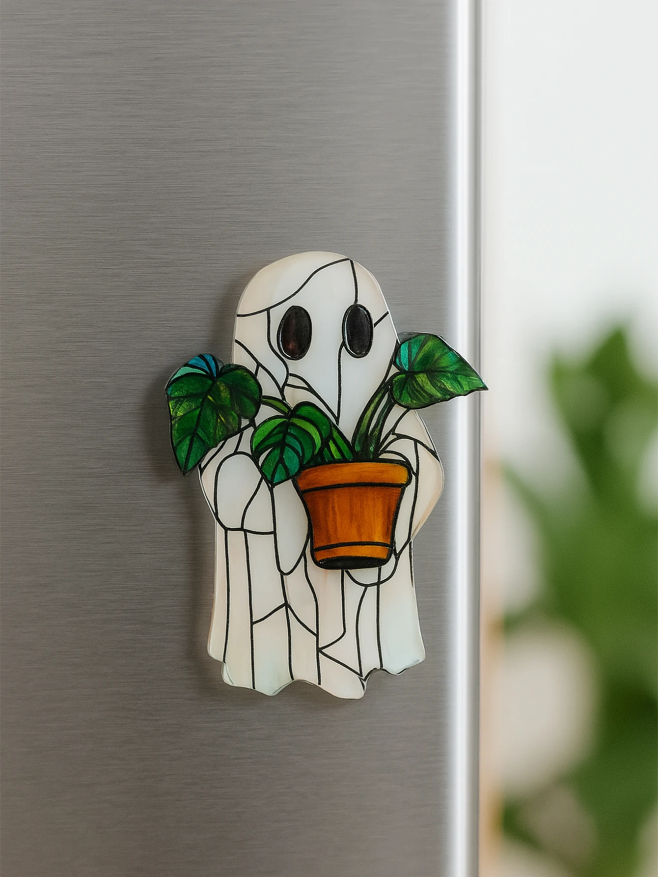 Halloween Ghost Acrylic Sticker, Cute Ghost Holding Potted Plant Design, Refrigerator & Wall Decor for Kitchen, Home Living Room view 4