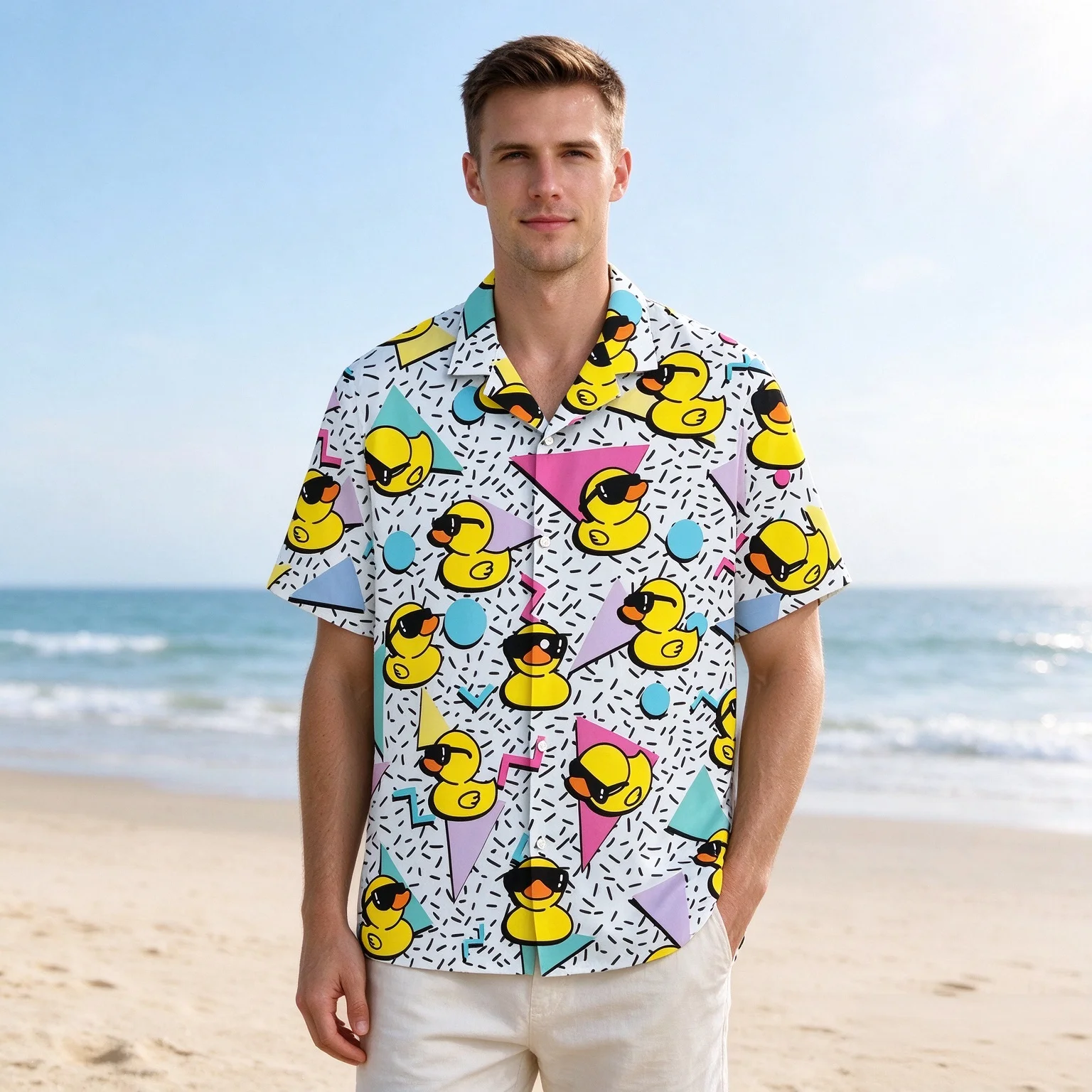 Hot Sale Men 3D Print Polyester Shirt, quick-dryHot SaleStylish Comfortable Short Sleeve Lapel Cute Duck Casual Button Up Top