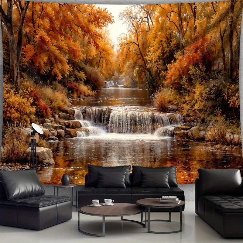 VIKAMA Autumn Scenery Forest Stream Water Rock Aesthetics Tapestry Living Room Bedroom Polyester Fiber Wall Hanging Room Decor