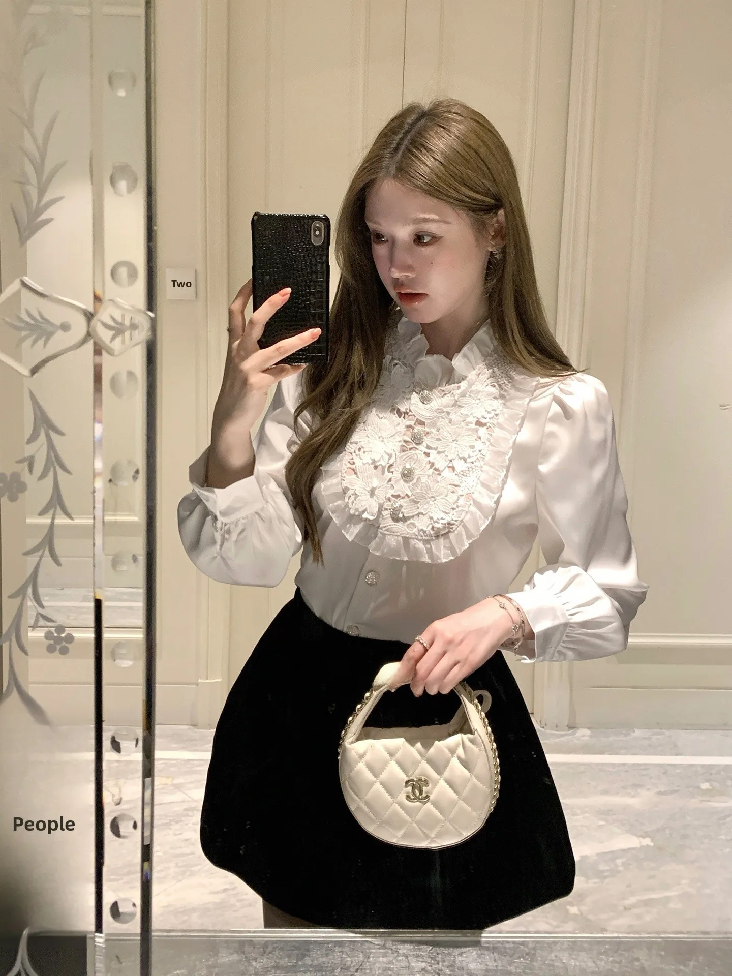 

Ele Long Sve Lace Trim Stand Collar irt Women's Premium Feeling White Base Top Autumn Faion French Sle Embroidered