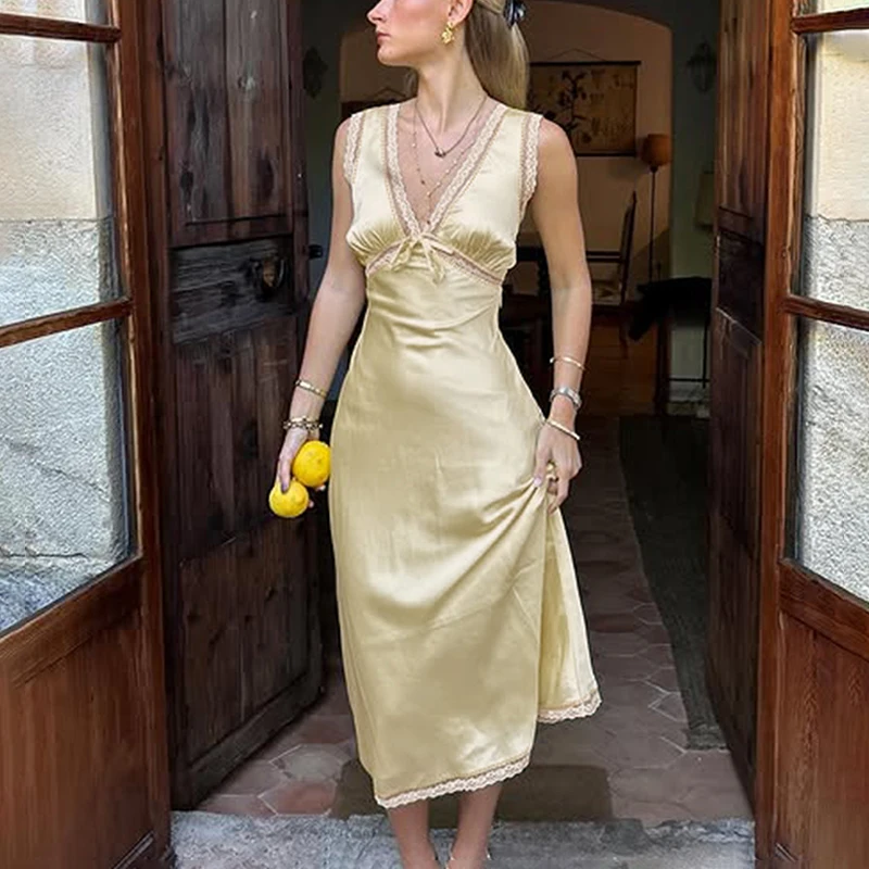 

Ticketsx Elegant Lace V-neck Dress Fashion Lace Bow Patchwork Sleeveless Fit Summer Maxi Dress Luxury Women Party Evening Dress