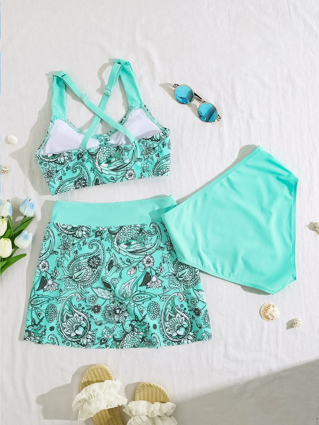 Vintage floral impressão tankini conjunto feminino frente saia plissada 3 peça maiô 2025 maiô de cintura alta tamanho grande xxxl