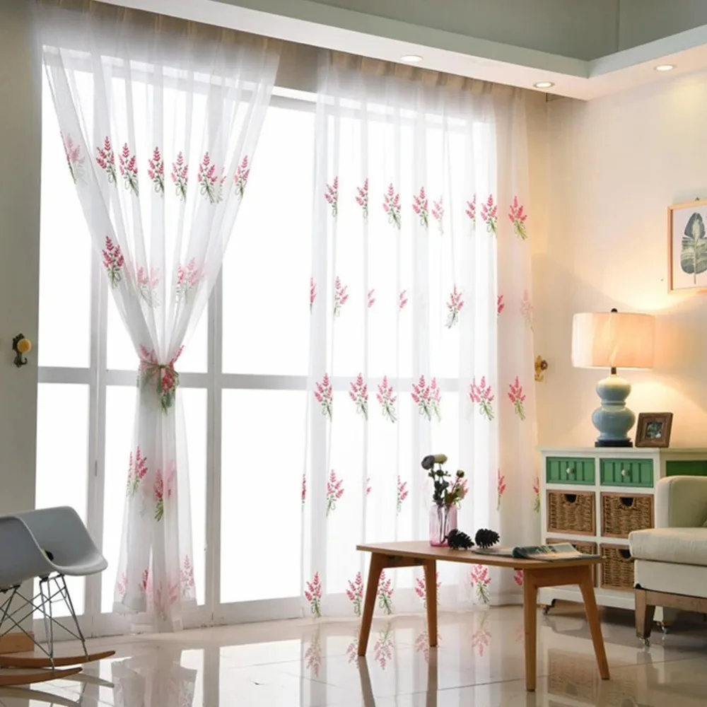 Embroidered Style Pink Purple Flower White Sheer Tulle Curtain Voile Window Living Room Bedroom Decor 1PC