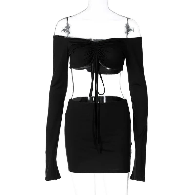 Hugcitar Women Matching 2 Piece Set Long Sleeve Drawstring Ruched Crop Top Mini Skirt Suit Co Ords Outfits Bodycon Sexy Party image 6