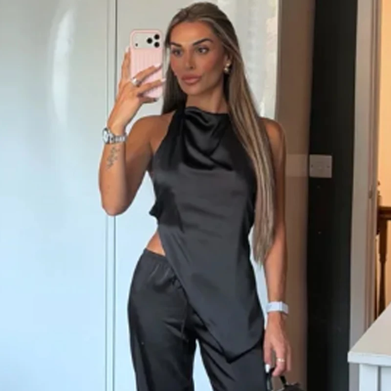 HXAO Damen Satin Neckholder-Top Sommer 2026 Weiß Schwarz Leopard Tanktop Schickes Asymmetrisches Korsett Schnürung Ärmellos Rückenfreies Oberteil – Detail 8