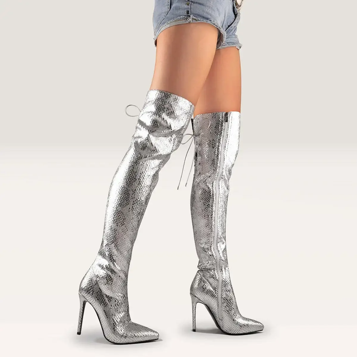 

Patent Leather Women Over Knee Boots Back Strappy Sapatos Feminino Stiletto High Heels Long Botas Silver Zapatillas De Mujer