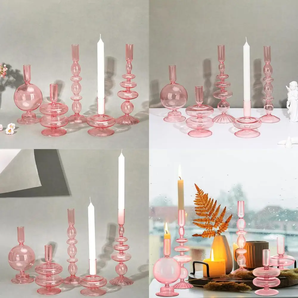 

Colorful Glass Taper Candle Holders - Wavy Boho Chic Design for Elegant Home or Party Centerpieces (Pink)