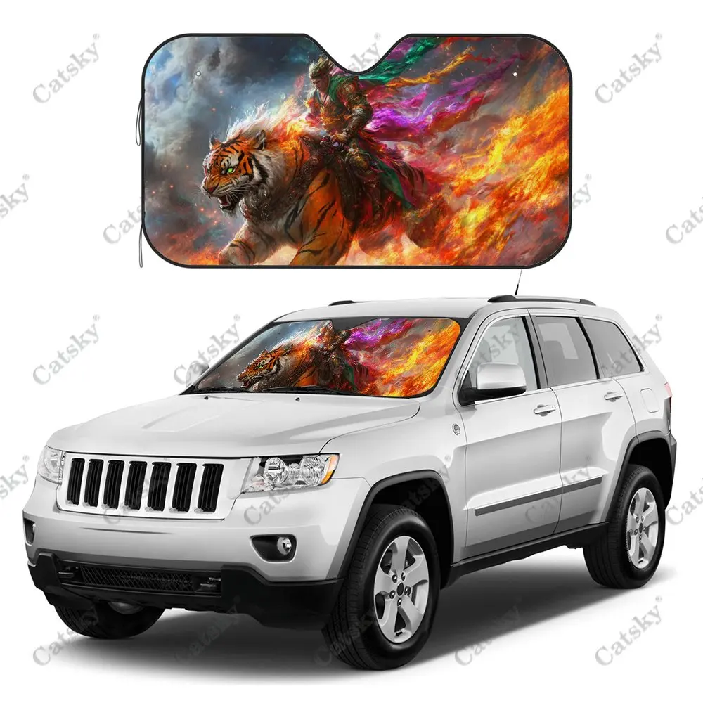 Wukong Rides Flame Tiger Car Windshield Sunshade, Auto Accessories Front Windshield Sun Shade Blocks Uv Rays Sun Visor Protector