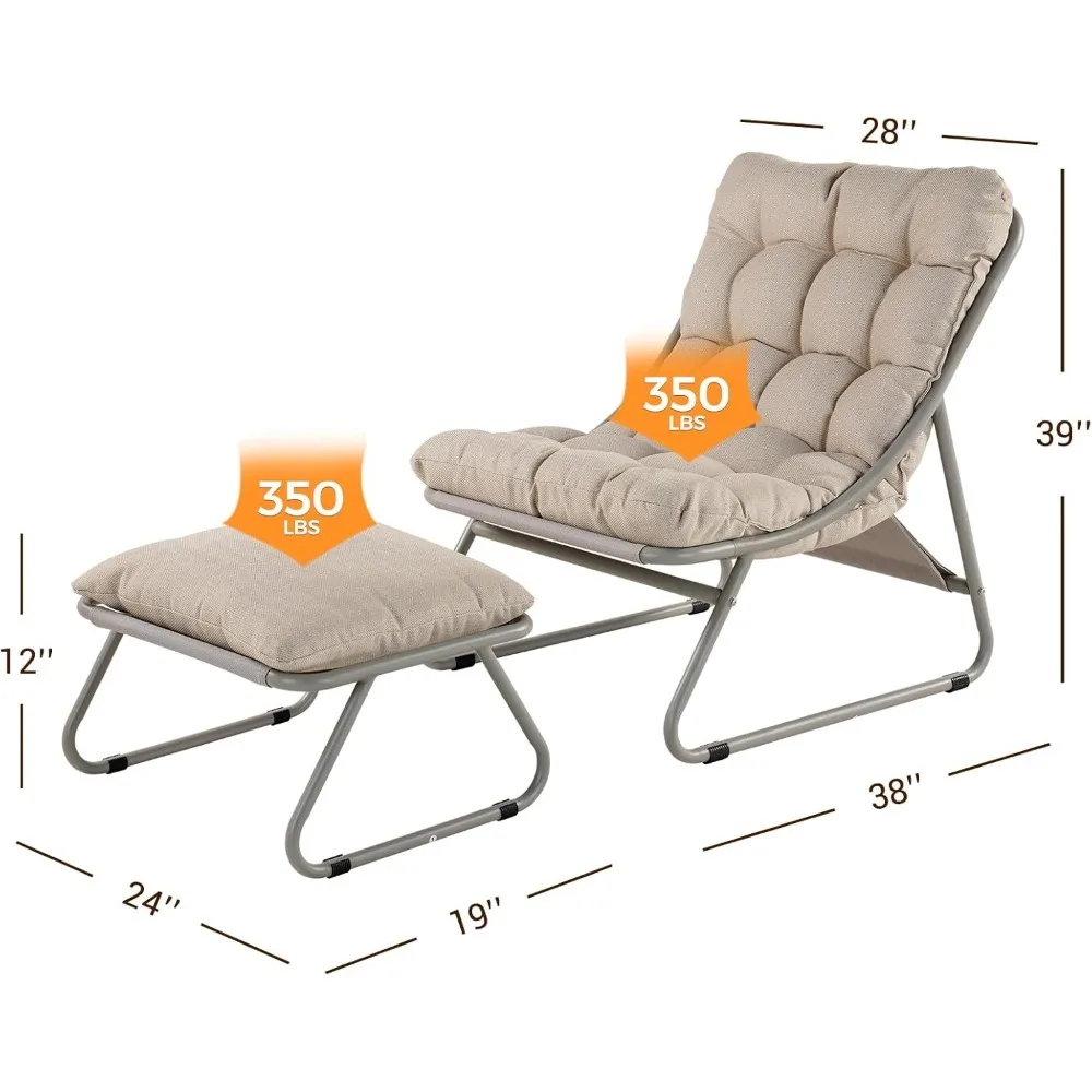 Outdoor Lounge Chair with Foot Stool, Comfy Sling Recliner Chair with Puffy Cushion and Foot Rest, Modern Patio Furniture Set